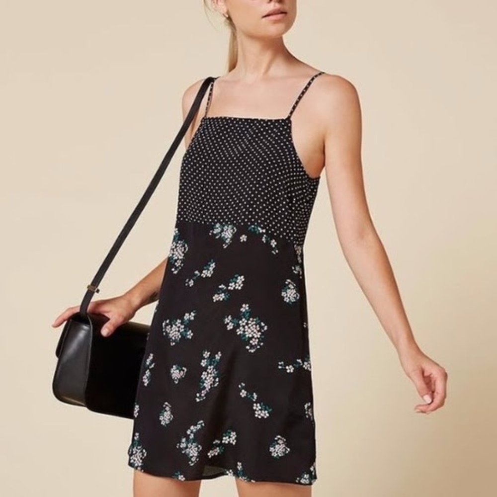 Reformation Black Polka Dot & Floral Slip L